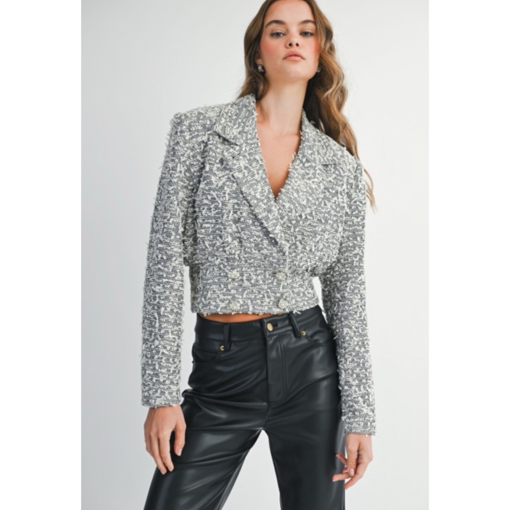 1074 • Black/White Confetti Tweed Crop Blazer Jacket w/Pearl Rhinestone Buttons - Picture 5 of 11
